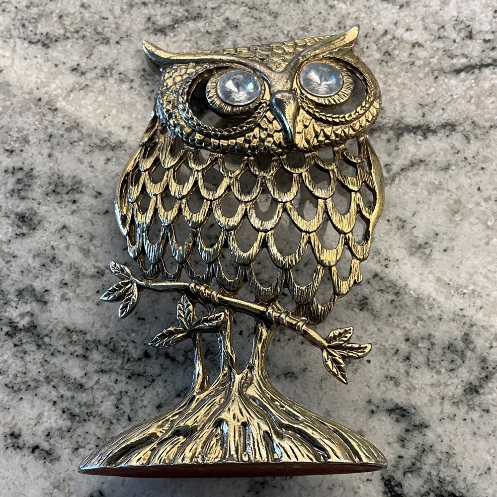 Fossil Gold Owl Figurine with Gemstone Eyes